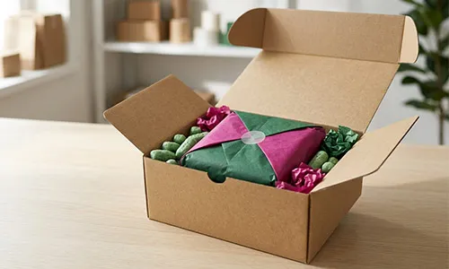 Scatola per e-commerce con carta velina fucsia e chips protettive verdi