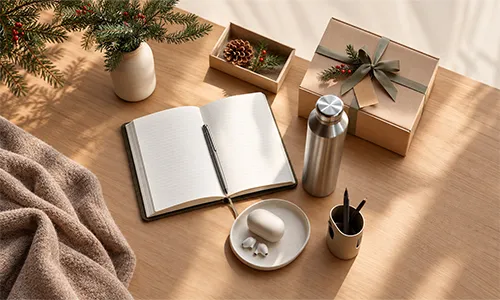 Idee regalo di Natale utili per colleghi: agenda, penna, borraccia termica e auricolari wireless su una scrivania decorata per le feste.