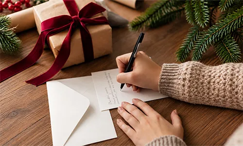 Mano che scrive un biglietto di auguri di Natale personalizzato, accanto a un pacchetto regalo con nastro rosso.